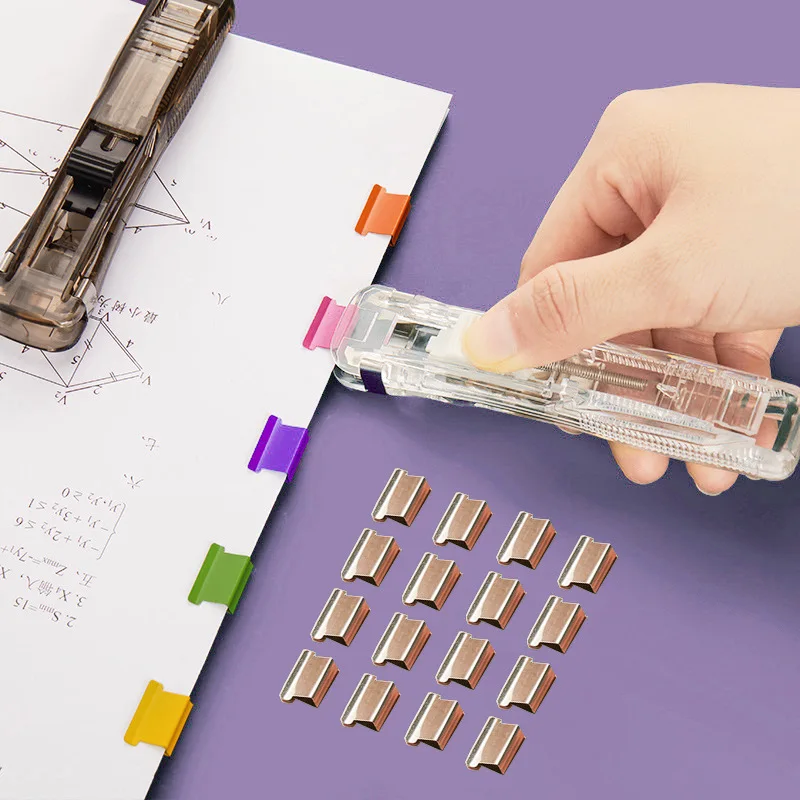 Portable Handheld Paper Clam Clip Dispenser Paper Clam Clip Dispenser with Paper Clam Clip Refills Mini Push Stapler Paper Cip