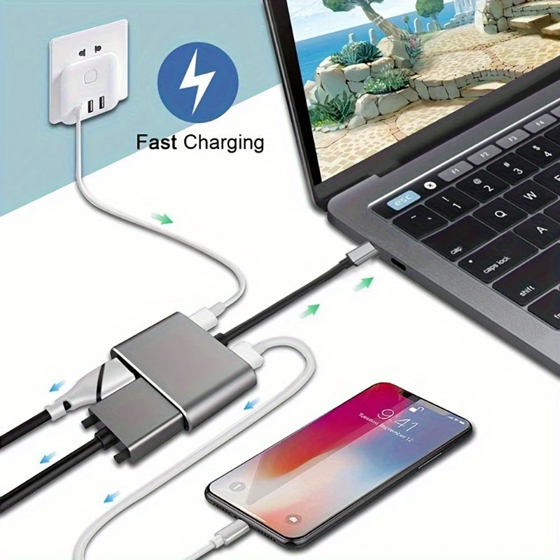 Type C Adapter Hub 4 in 1 Multiport with USB 30 VGA HDTV Digital AV and PD Charging Port Compatible
