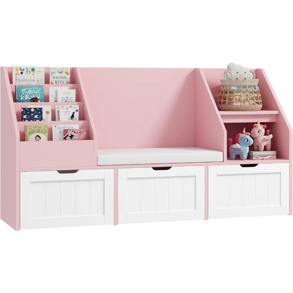 Kids Bookshelf, Toy Storage Organizer with Seat Cushion and 3 Movable Drawers, Kids Reading Nook Toy Organizers and Storage