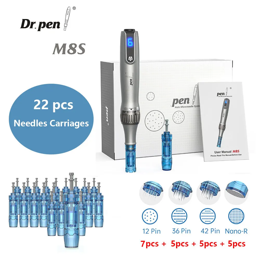 ของแท้ dr.pen Ultima M8S ไร้สายปากกาแต้มสิวมืออาชีพที่มี22เข็มที่สำหรับการเจริญเติบโตของเส้นผมปากกา Microneedle บำบัด