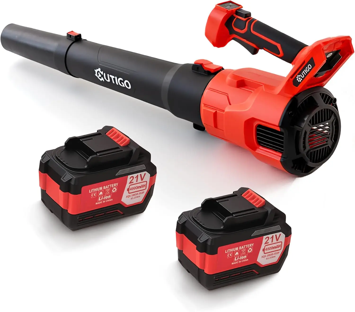 OUTIGO Soffiatore Foglie, Soffiatore Batteria con 2 batterie 4,5 Ah 21V e caricabatterie, 4.5m/s, 3,6 m³/min