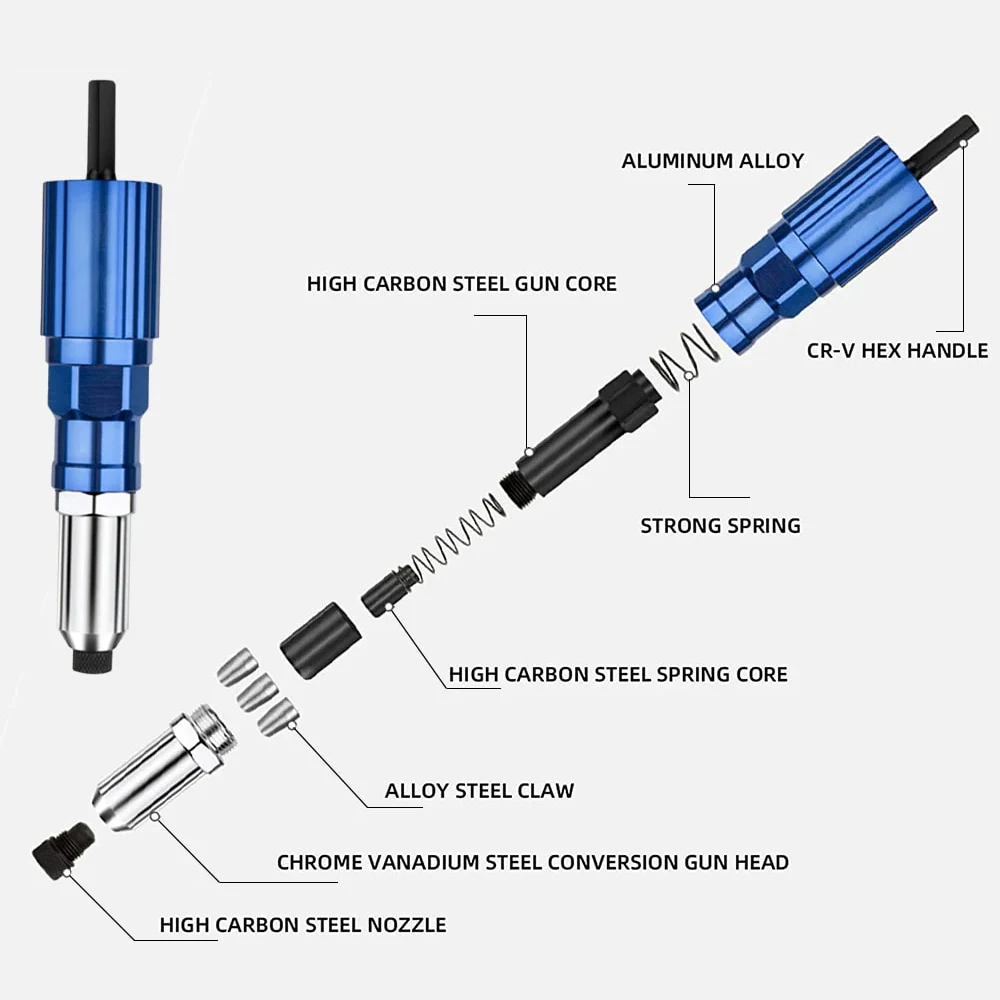 Portable electric rivet gun 2.4mm-4.8mm wireless rivet nut gun drill bit adapter labor-saving blind rivets