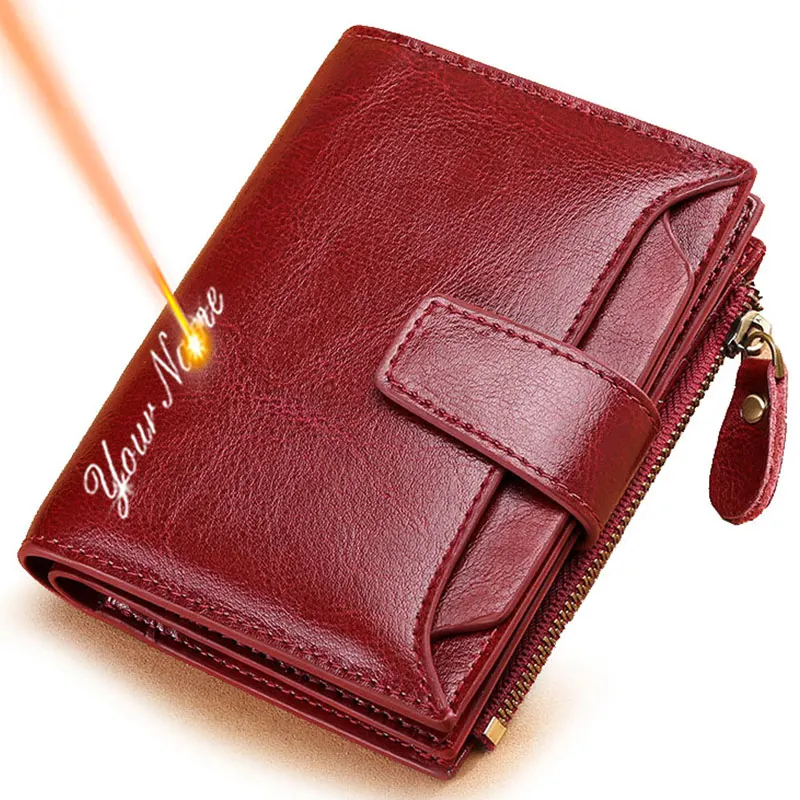 2024 nuevas carteras cortas para mujer, monedero de cuero genuino con cremallera, monedero para mujer con nombre grabado, tarjetero de calidad, cartera femenina Kpop