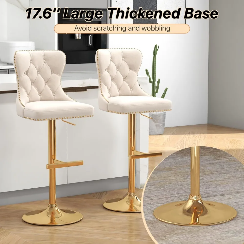 Bar Stools Set of 2, Velvet Swivel Counter Height Stools with Tufted Back, Adjustable Seat with Nailheads Trim, Upholstered Bar