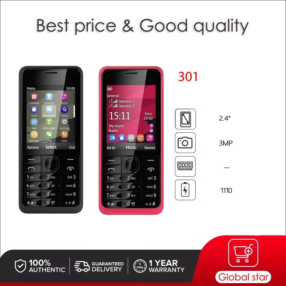 Original Unlocked 301 Dual SIM 3G Mobile Phone Russian Arabic Hebrew Keyboard Made in Finland