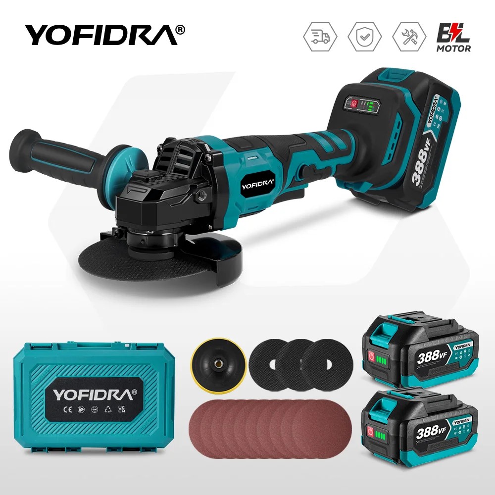 YOFIDRA 125 mm bürstenloser Winkelschleifer, 3 Gänge, Schleifmaschine, Polieren, Schneiden, Holzbearbeitungswerkzeug für Makita 18 V Batterie-Stift