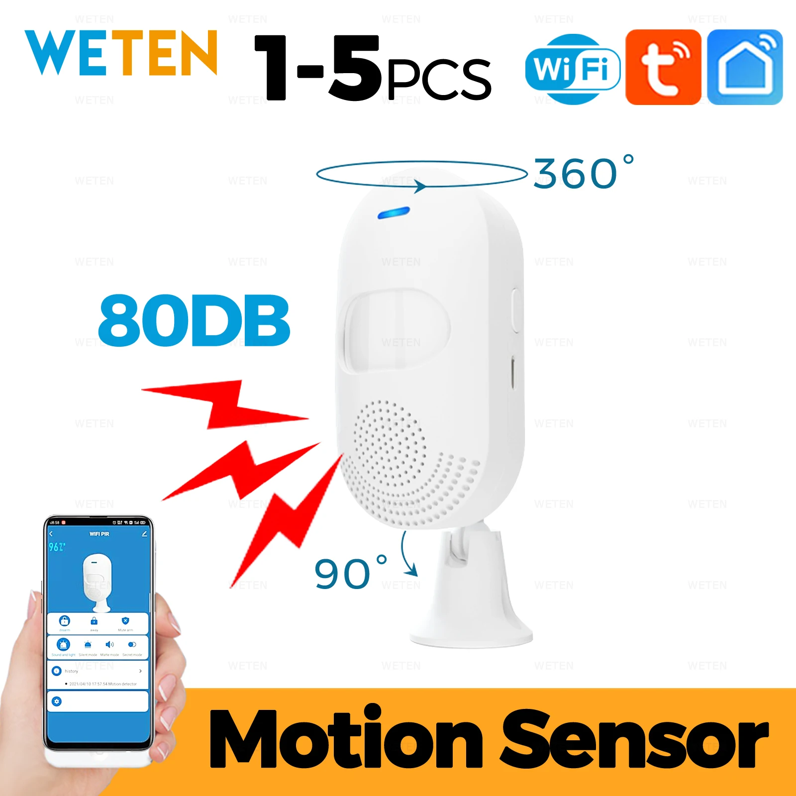 Tuya Wifi Sensor de movimiento Sensor PIR de cuerpo humano con alarma de sonido de sirena 80DB, aplicación Smart Life para sistema de alarma inteligente de automatización del hogar