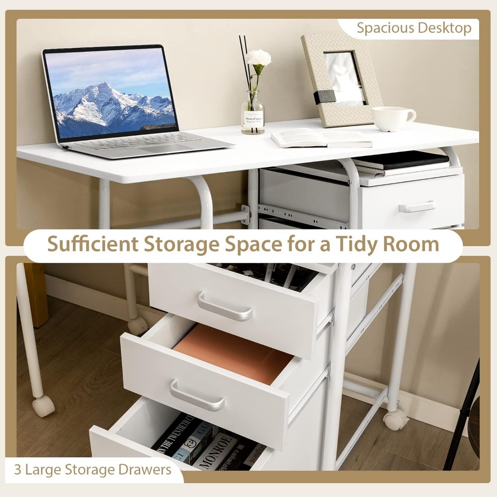 White Folding Desks with 3 Drawers, Mobile Home Office Desks Study Writing Desk with Smooth Wheels, Space Saving Compact Desk