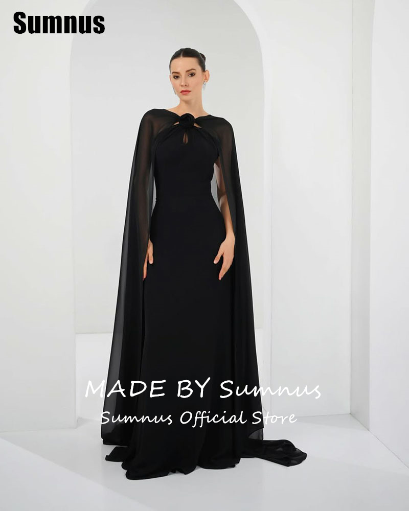 SUMNUS สีดํา Mermaid PROM Dress Elegant ดอกไม้ Cape PARTY Dresses ยาวแขนกุด Gowns อย่างเป็นทางการผู้หญิง 2025 ที่กําหนดเอง