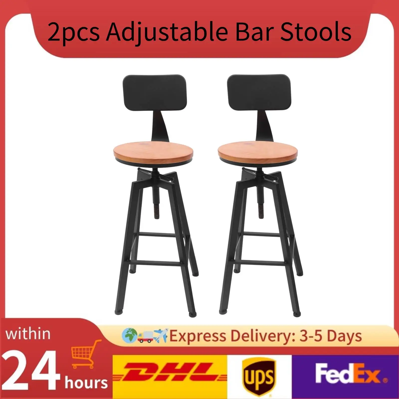 2 bancos de bar industriais com altura ajustável (36 "-44") 360 °   Assento de madeira confortável giratório e apoio para os pés para bar doméstico de café