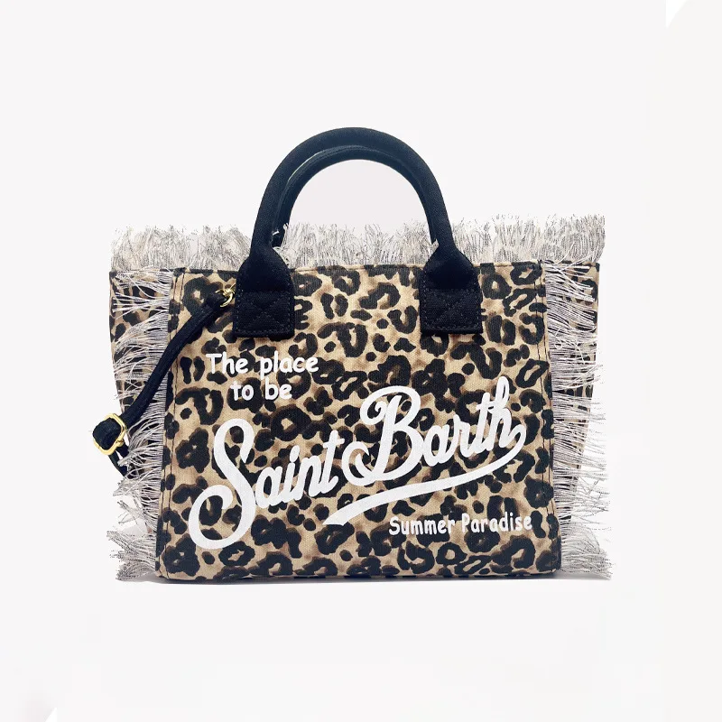 SAINT BARTH New Women's Large Capacity Leisure Travel Leopard Pattern Small Canvas Handmade Tassel Handbag Tote Bag Mommy Bag