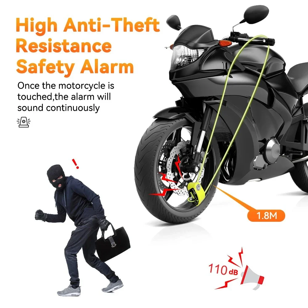 Bloomoto Wiederaufladbares Vorhängeschloss für Motorrad-Alarm, Scheibenschloss, 130 dB, Diebstahlalarm für Motorrad, Fahrradalarm für Moto