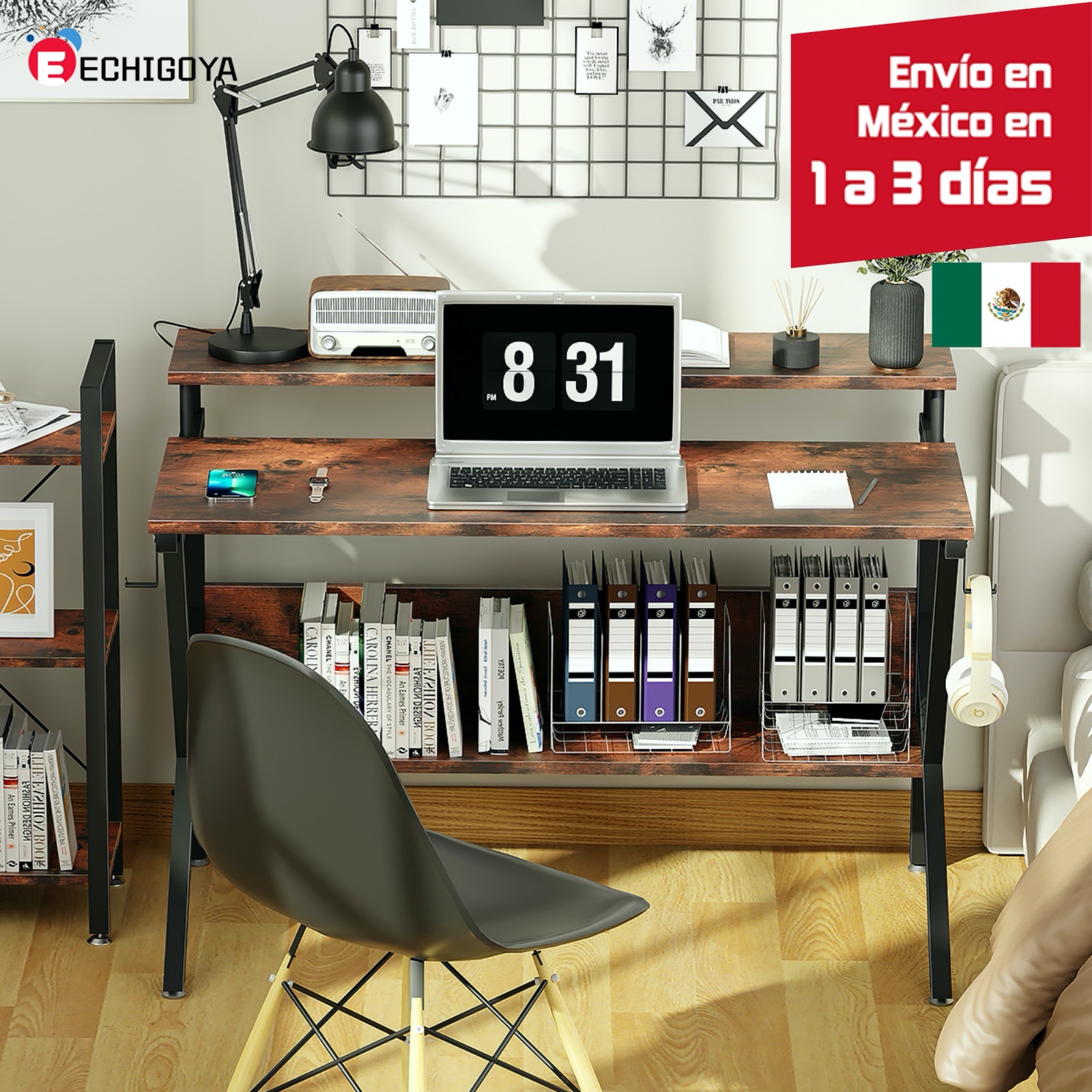 ECHIGOYA Escritorio Minimalista para Computadora, Escritorio Gamer con Estante Elevado, Mesa de Trabajo de Oficina, Escritorio Home Office en Forma de K con Estante y 2 Ganchos, 100x60cm, Marrón