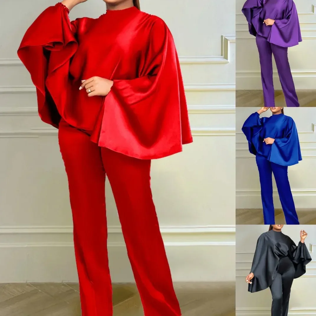 2024 frühling Herbst Elegante Afrika Lange Mantel Hülse O-ansatz Polyester 2-teiliges Top Lange Hose Passenden Sets Dashiki Afrika Kleidung