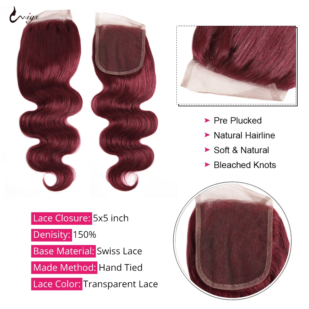 99j borgonha onda do corpo pacotes com fechamento 5x5 100% pacotes de extensão do cabelo humano com fechamento colorido 99j feixes de cabelo humano