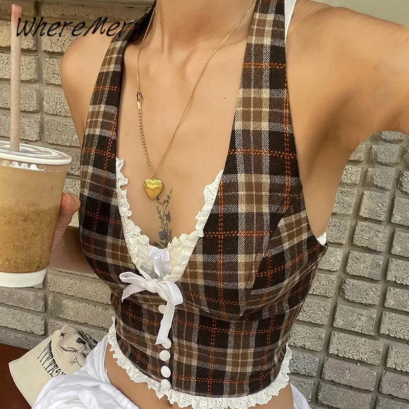 WhereMery estilo francés Retro ajustado Halter Top Y2K encaje espalda descubierta sin mangas cuello pico camisola con volantes verano Sexy nueva ropa de mujer