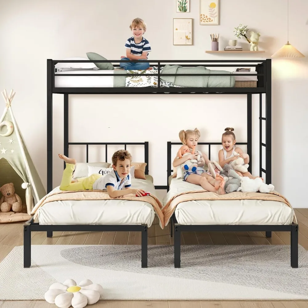 Twin Over Twin & Twin Bunk Beds for 3, Triple Bunk Bed for 3 with Guardrails, Ladder & Upper-Bed Platform, for Children, Teens