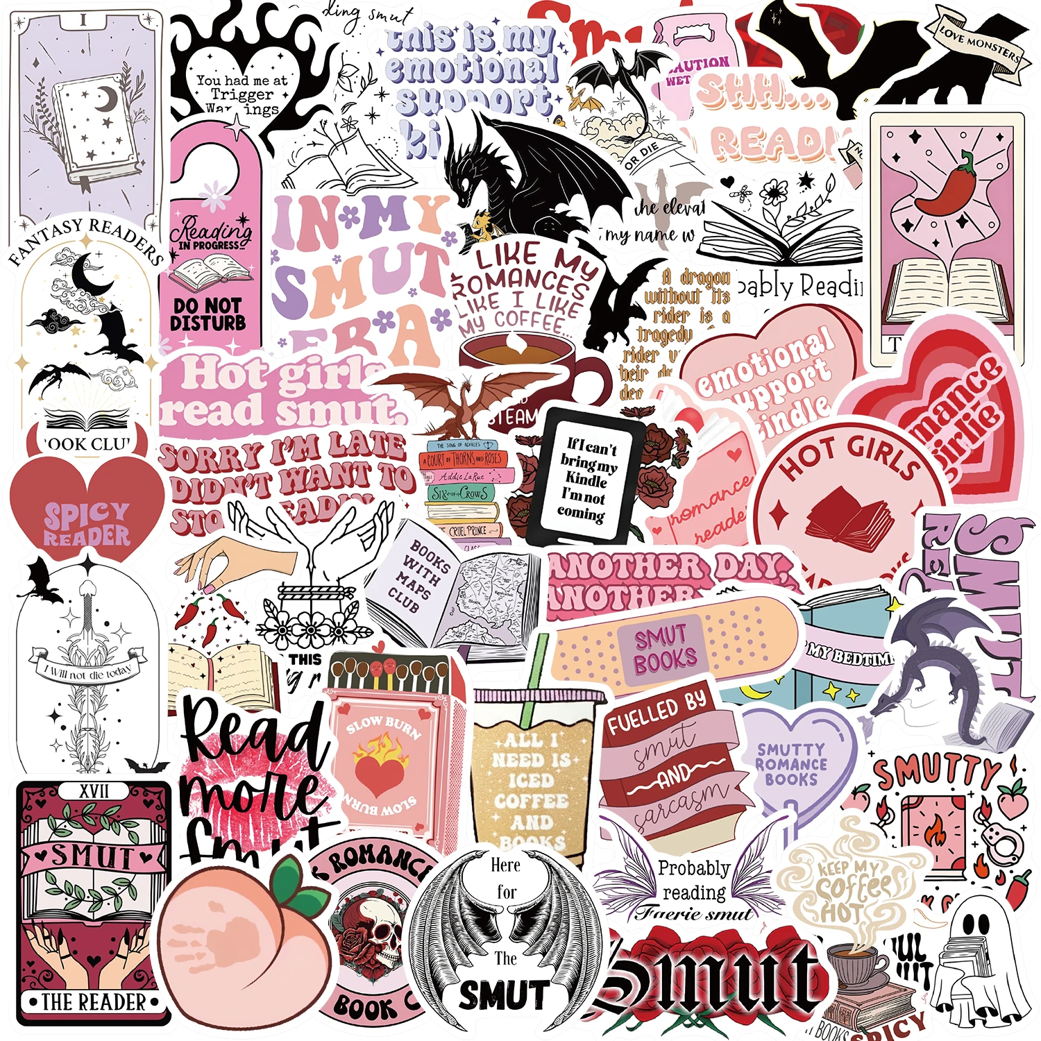 52pcs Bookish Smutty Reading Stickers Decals Graffiti For Guitar Phone Laptop Computer Beautiful Sticker Packs
