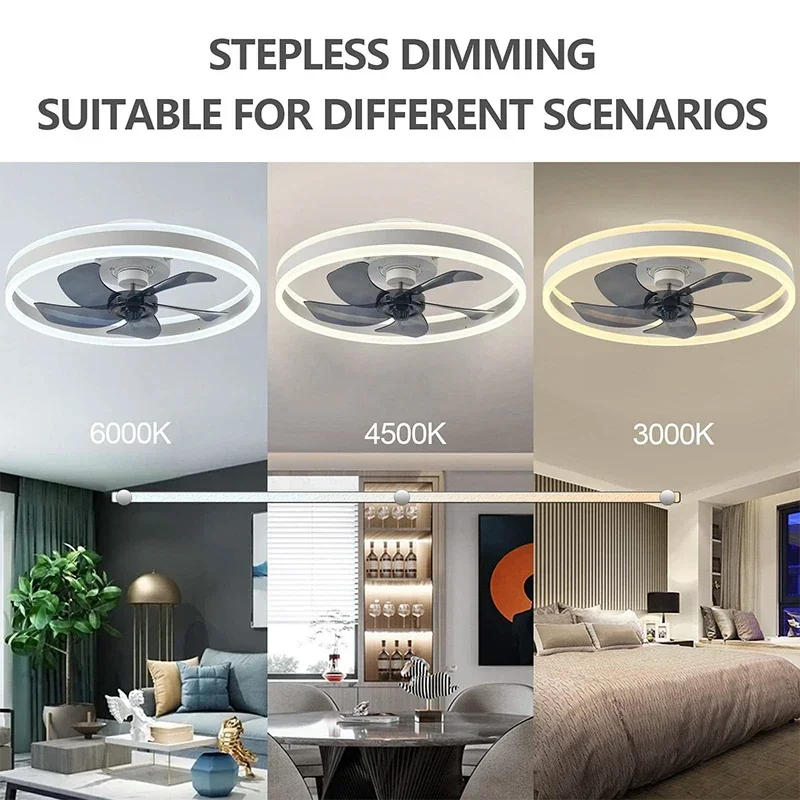 Ventilatori da soffitto con luci Controllo remoto APP Motore CC Dimmerabile continuo Motore CC a 6 velocità Dimmerabile continuo 33-40 cm Luce ventilatore intelligente