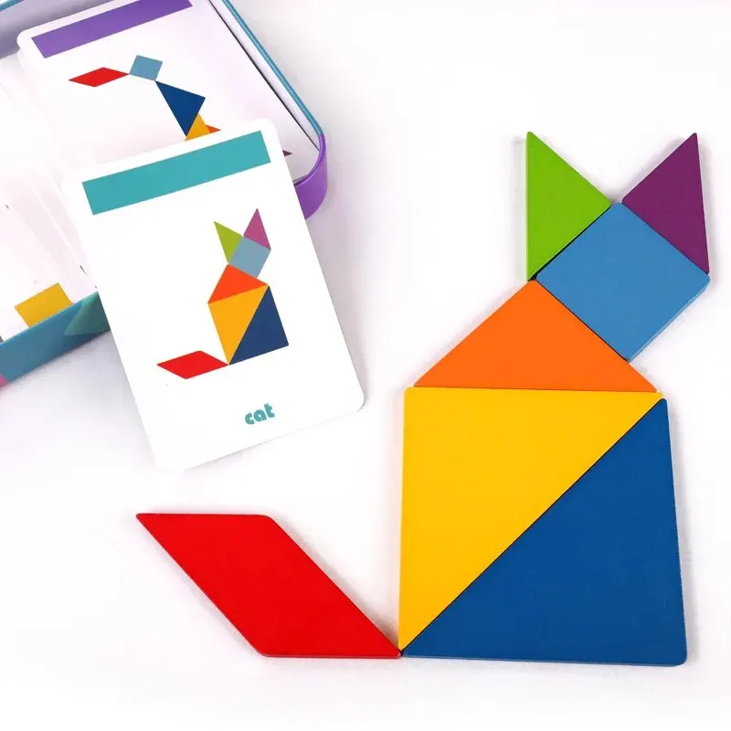 Tangram colorato in legno per bambini, scatola di ferro, puzzle, puzzle, educazione precoce, intelligenza, numero, lettera, giocattoli in legno
