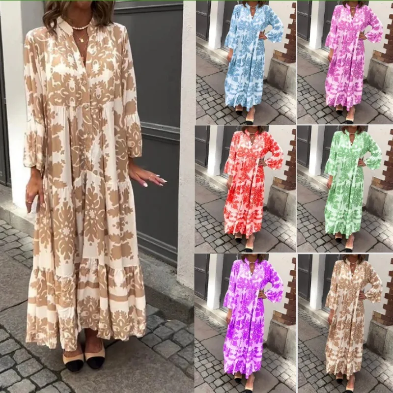 Herbst und Winter Damen bekleidung langes Kleid neuer Stehkragen ausgestellte Ärmel gedruckt Freizeit kleid modisch plus Größe