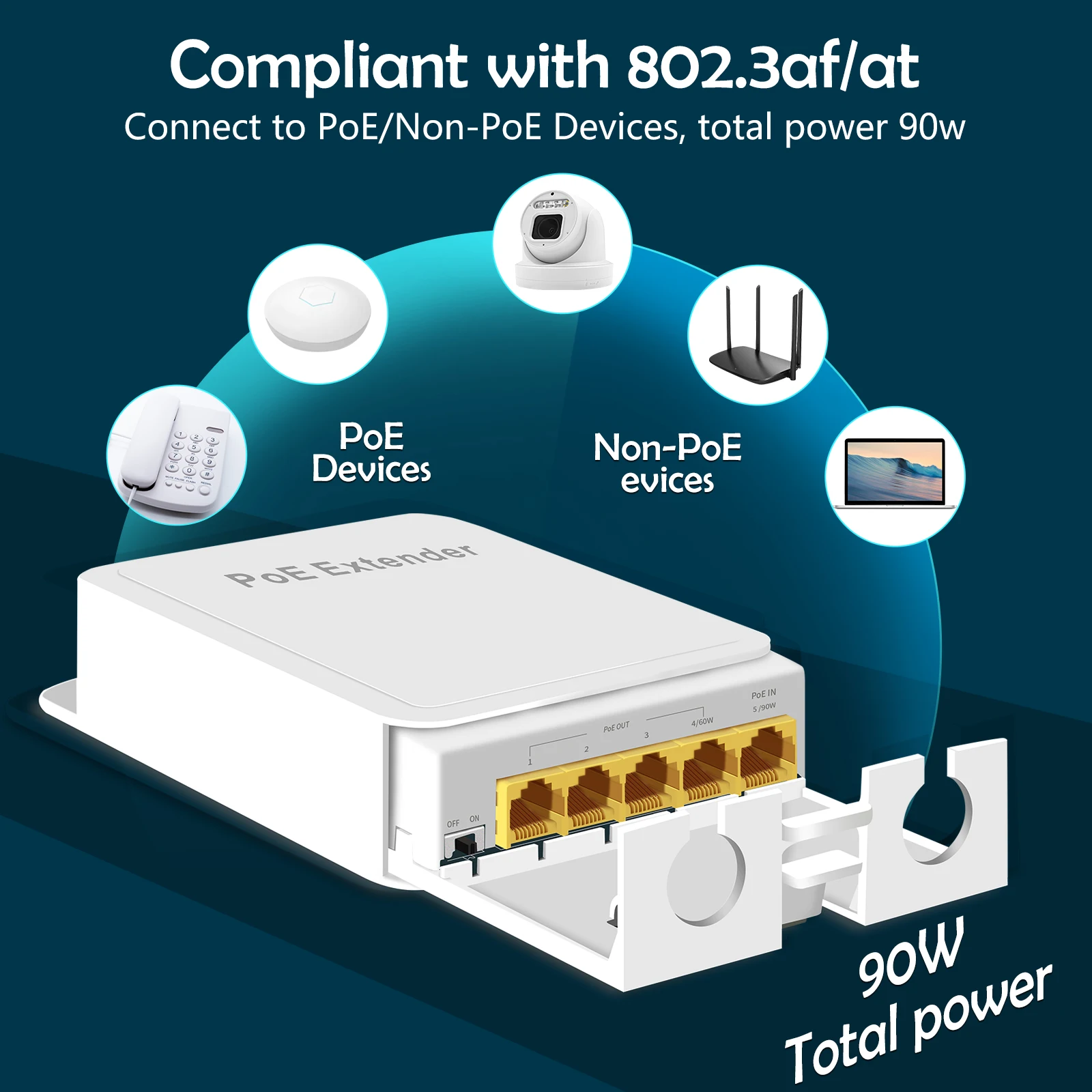 Repetidor POE extensor POE resistente al agua de 5 puertos transmisión de 1000Mbps red exterior IP55 VLAN 44-57V para cámara POE AP sin cables