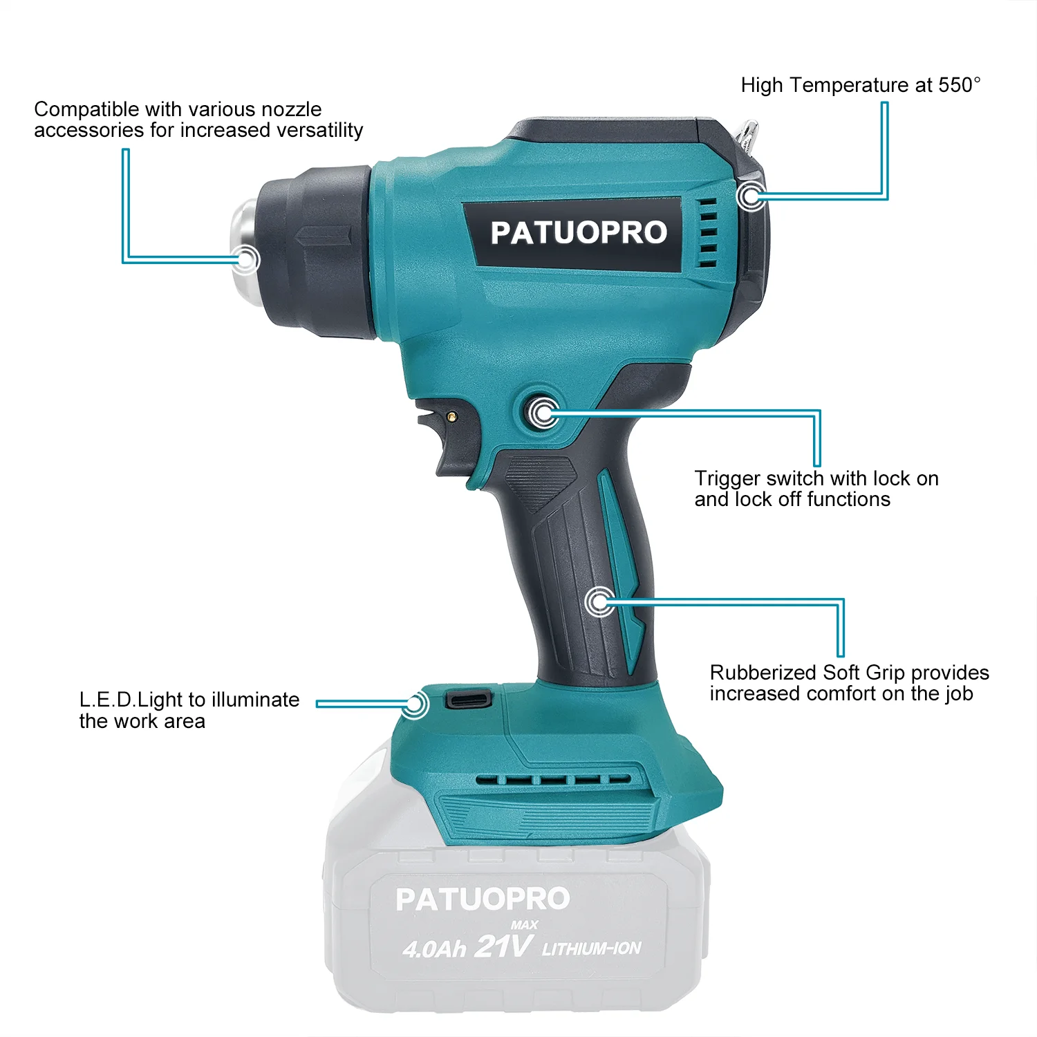 50 ℃   - 550 ℃   Pistola de calor inalámbrica portátil, pistola de aire caliente recargable, temperatura Digital ajustable para batería Makita de 18v