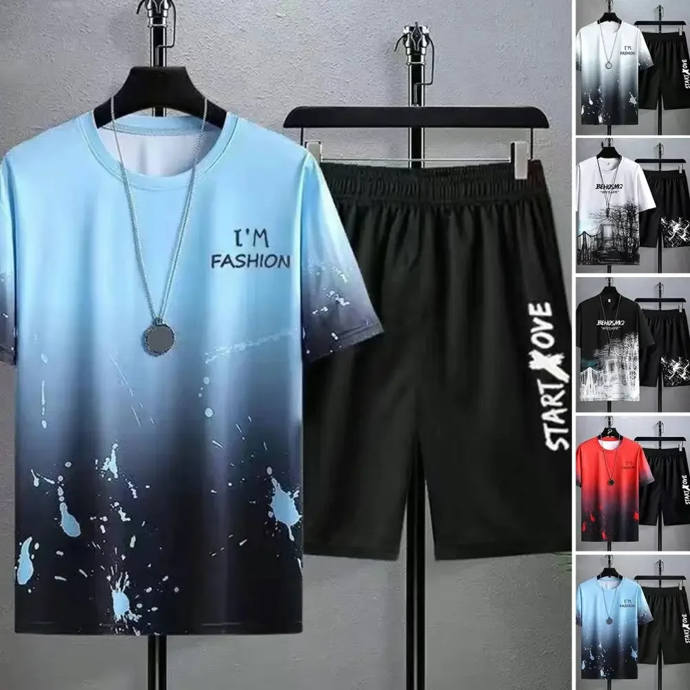 Heren Sportpak Met Korte Mouwen 2 Stks/set 2024 Zomer Casual Strandshort Outfit Ijs Zijde Joggingset Heren Gradiënt Kleur T-Shirt Top