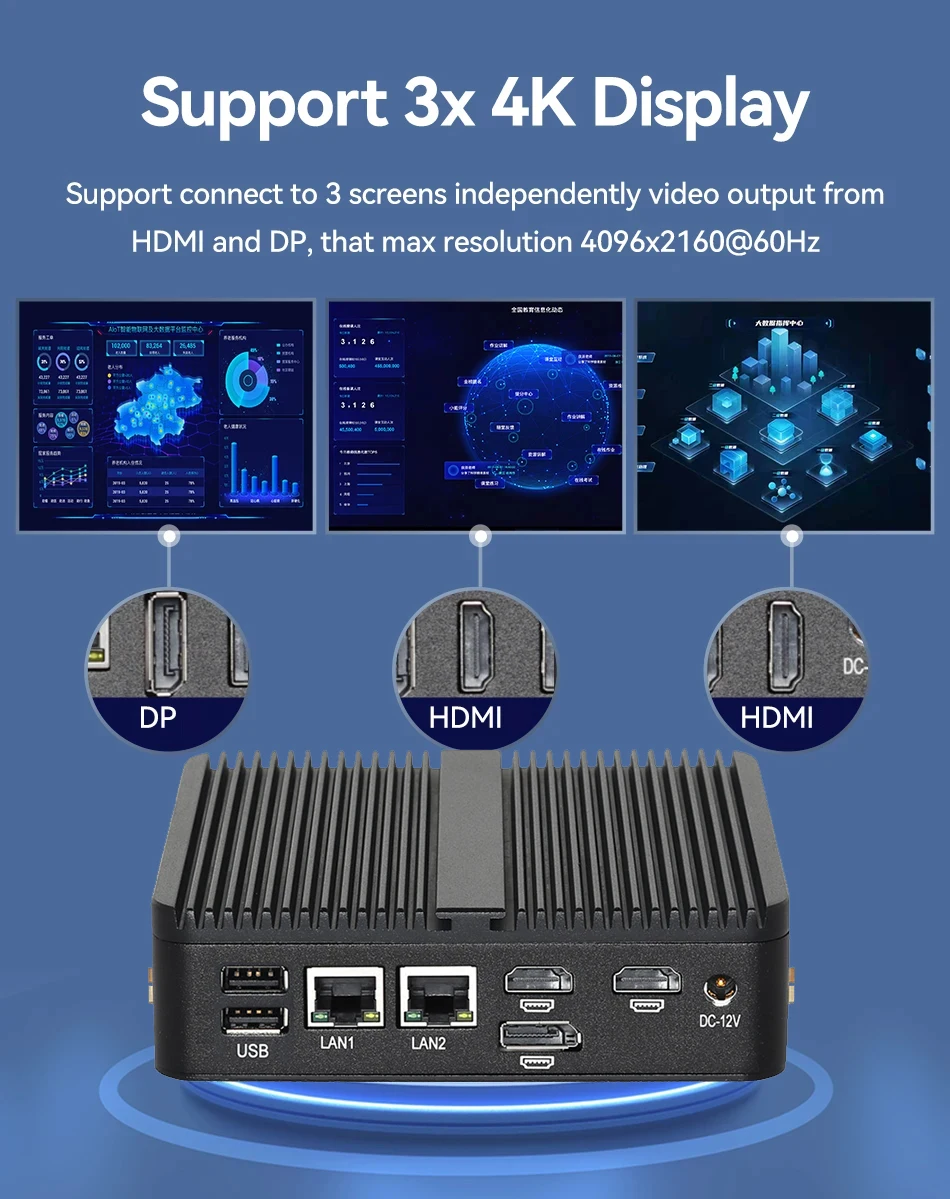 Mini PC industrial sem ventilador Intel N150 Windows 10/11 Linux 2x COM RS232 2x Ethernet 6xUSB 2xHDMI 1xDP Suporte WiFi SIM 4G Modem
