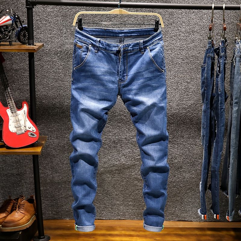 Pantalones vaqueros rectos elásticos americanos para hombre, pantalones vaqueros de algodón ajustados desgastados rasgados, moda de estilo coreano, ropa azul y negra para hombre