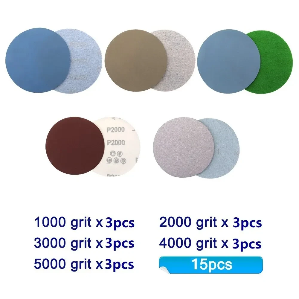 15 PCS Inches Grit 1000 2000 3000 4000 5000 Sanding Discs Hook Loop Sandpaper Round Disk