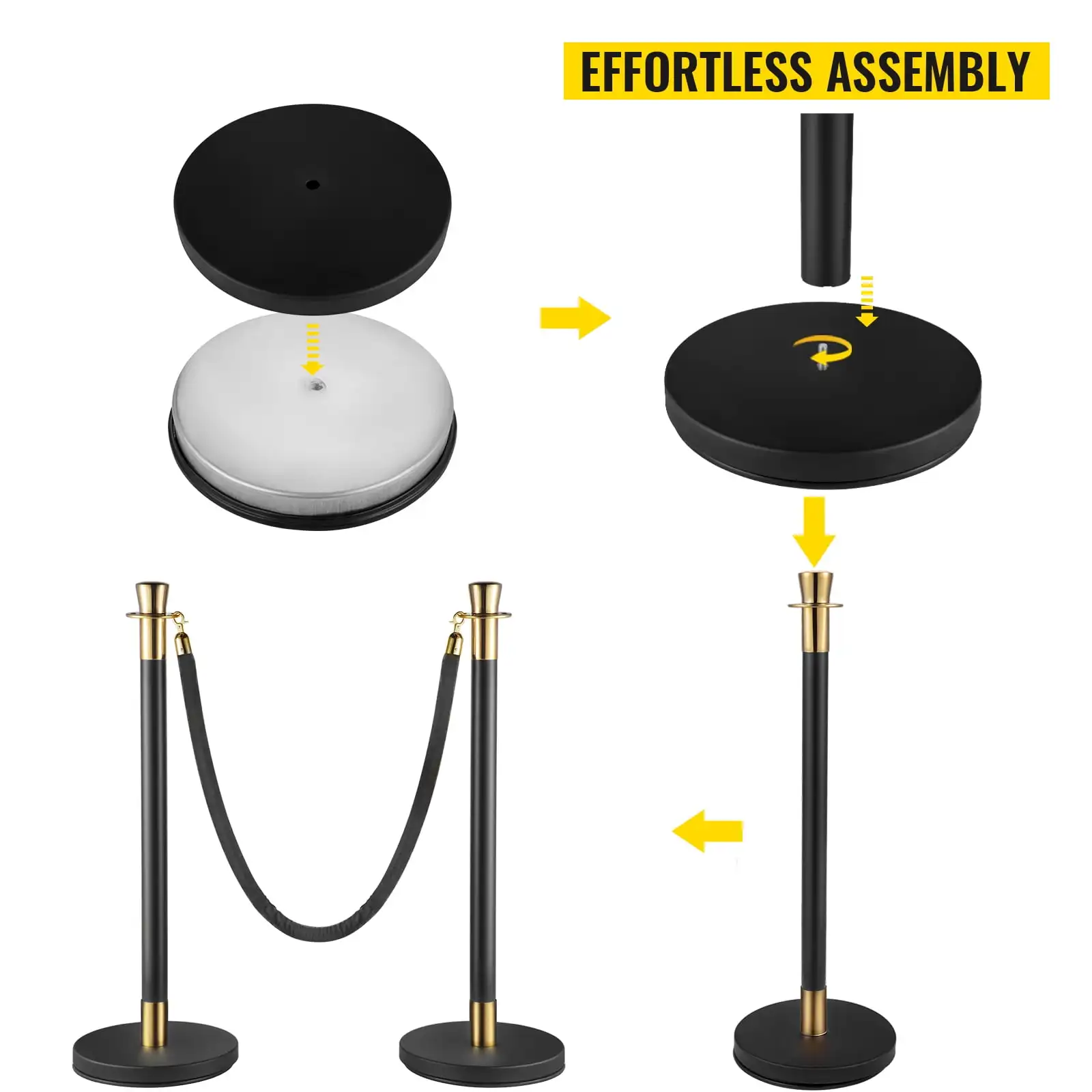 Crowd Control Stanchion, Set of 6 Pieces Stanchion Set, Stanchion Set with 5 ft/1.5 m Black Velvet Rope