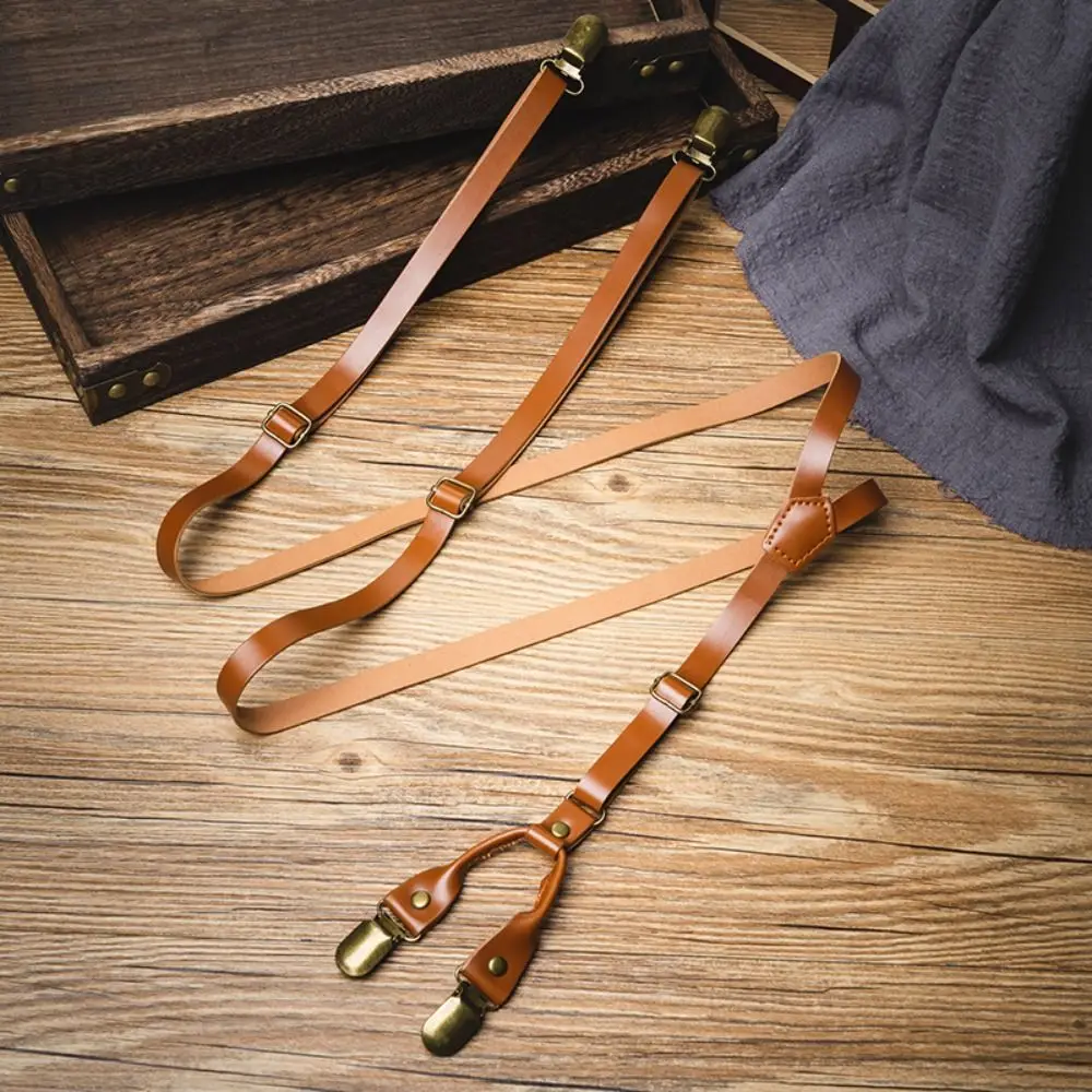 Simple 1.5CM Suspenders for Men Black British Style Leather Suspenders Retro Spaghetti Strap Suspender Clip Men