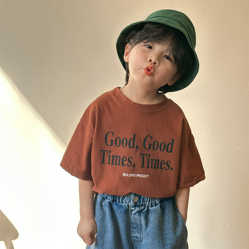 子供のレタリングプリントのコットンTシャツ,半袖カジュアルTシャツ,男の子と女の子のためのゆったりとした服,ファッショナブルな夏,2022
