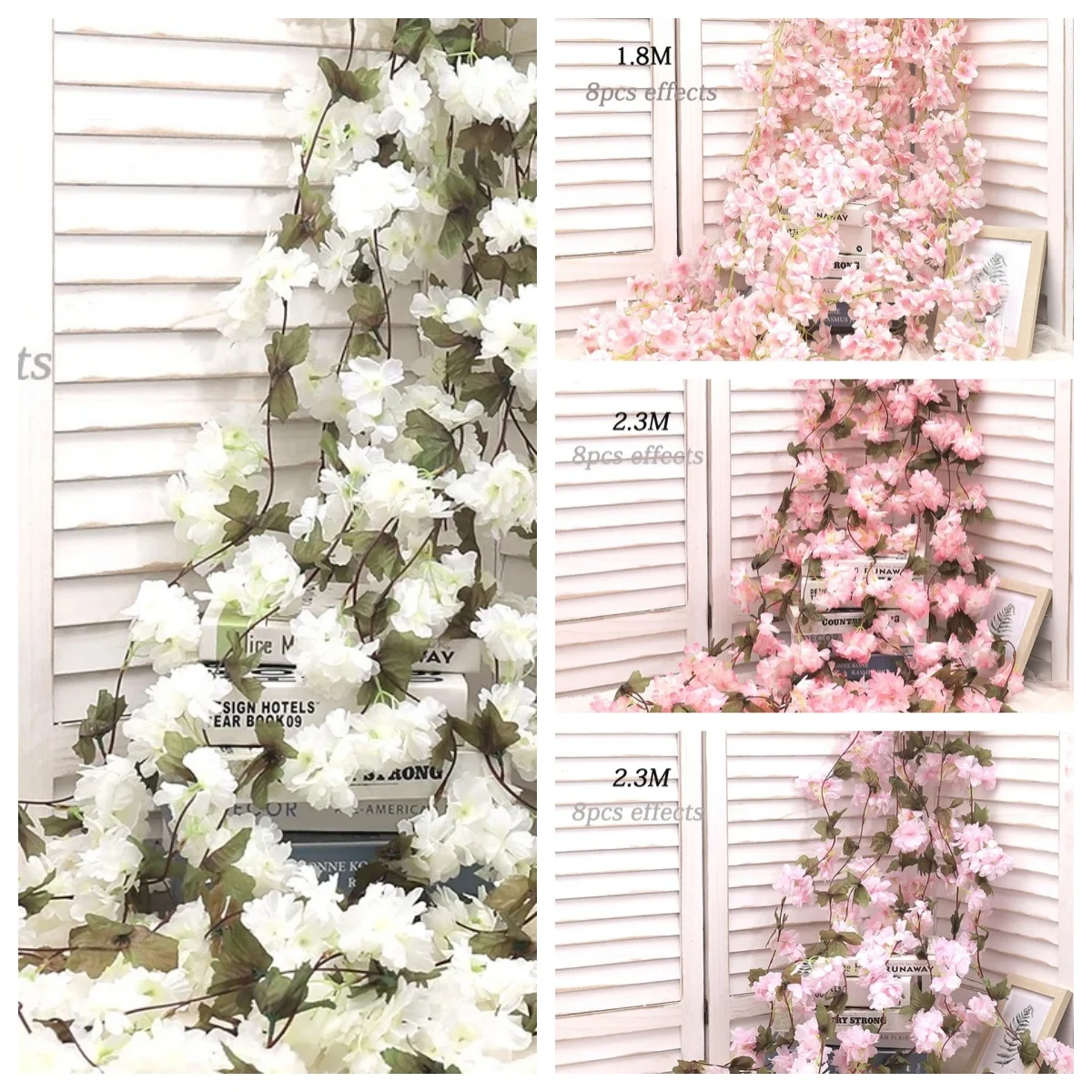 Künstliche Sakura-Blumen, Ranke, zum Aufhängen, gefälschte Blumengirlande, Hausgarten, Hochzeit, Bogen, Party, Kirschblüten-Wanddekoration, Arrangement
