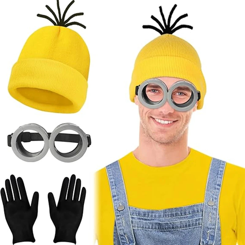 Anime Desprezível Me Minions Fantasia Cosplay para Adulto, Gorro Amarelo, Luvas Elásticas, Óculos Steampunk, Trajes de Festa de Halloween