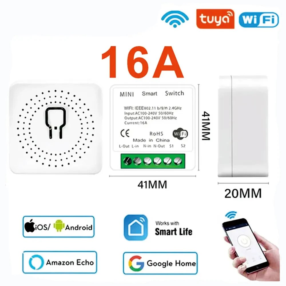 ミニ Wifi スマートスイッチ 2 ウェイ制御 Tuya 16A DIY ライトスイッチ Alexa Yandex アリススマート Google ホームアプリ音声制御