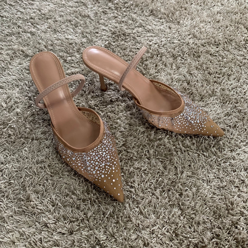 ฤดูร้อนใหม่ผู้หญิงรองเท้าแตะ Rhinestone Bright ตาข่ายรองเท้าส้นสูงรองเท้า Elegant Slingback Pointed SLIP บน PARTY Lady ปั๊มรองเท้า