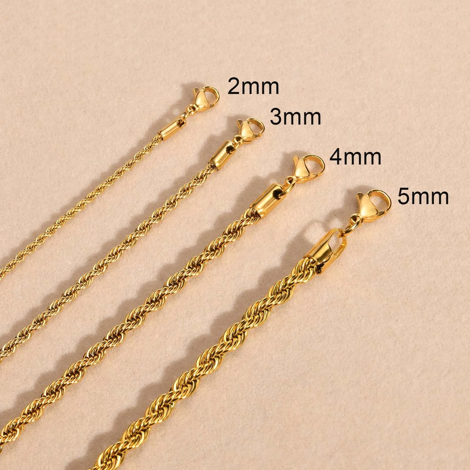 Vnox-collares delicados de cadena de cuerda de Color dorado para mujeres y hombres, Collar trenzado elegante, eslabón de acero inoxidable resistente al agua de 2/3/4/5mm de ancho