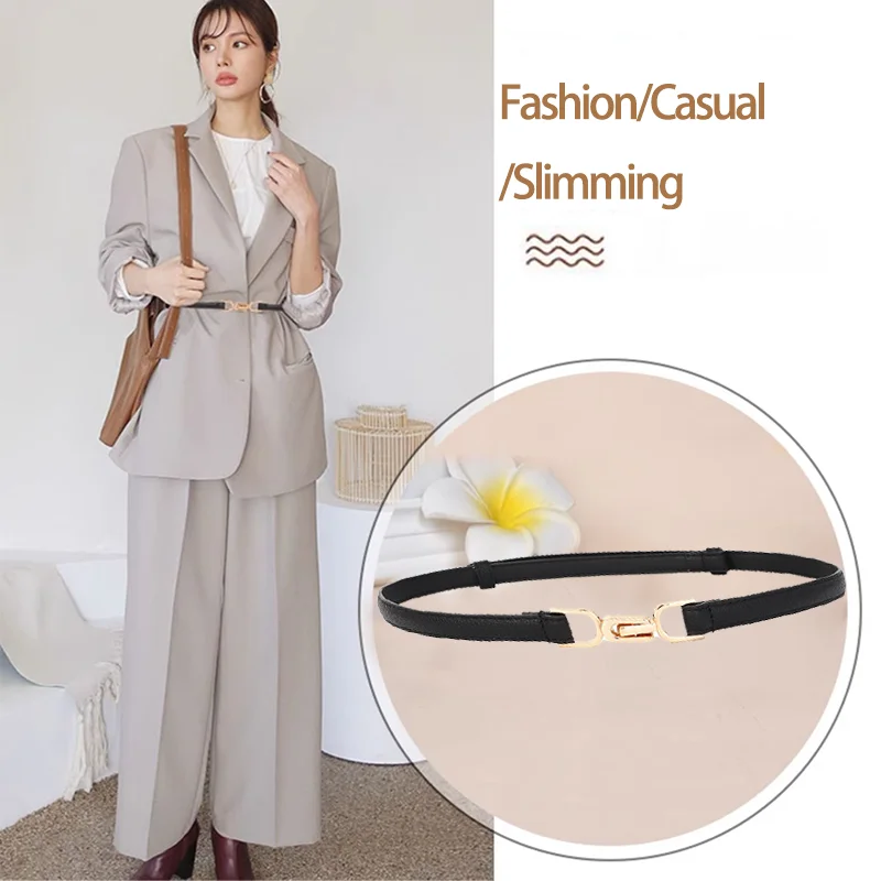 Cinto skinny de couro feminino, moda simples, para vestido, ajustável, cintura fina, cinto com fivela dourada vintage, couro falso