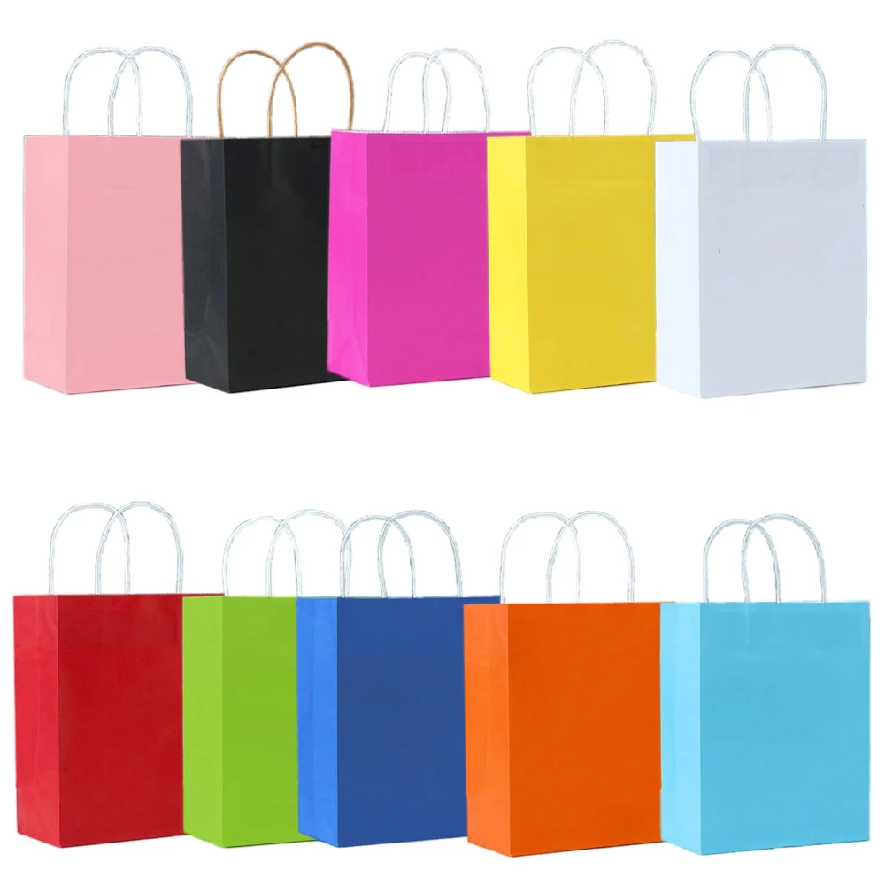Bolsas de regalo de papel con asas, 5 a 50 Uds., 10 colores, papel Kraft marrón, recuerdos de fiesta, bolsas de regalo para cumpleaños, boda, Baby Shower