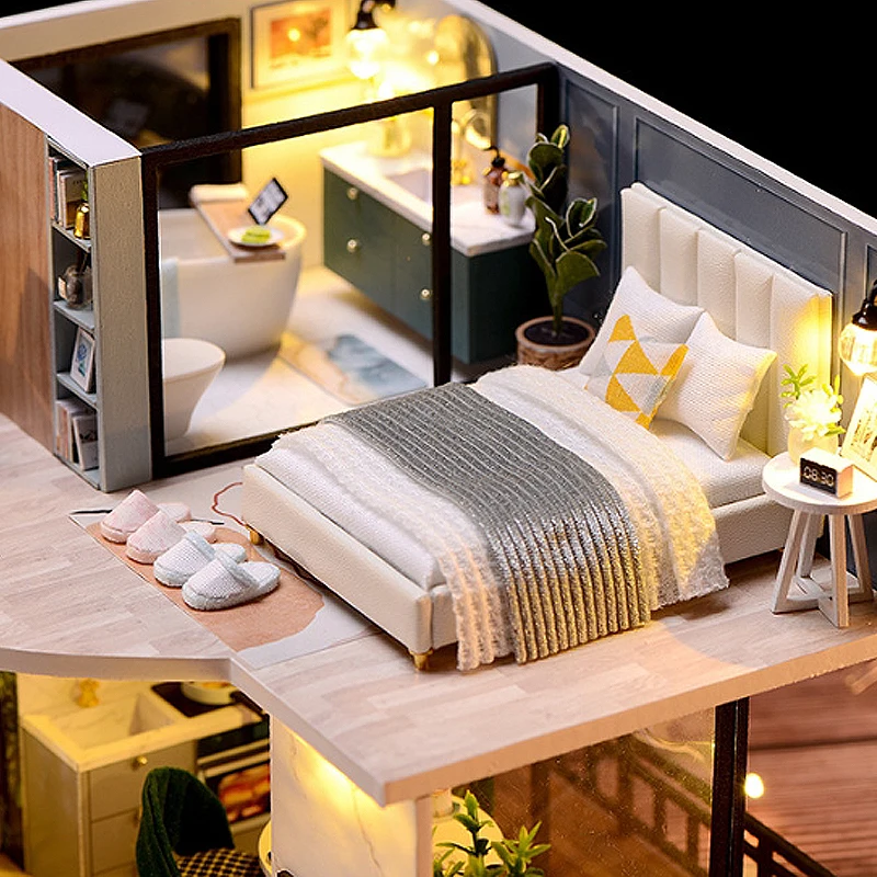 Kit de madeira Mini Doll House, Montagem de construção com móveis 3D Puzzle, brinquedos artesanais, presente de aniversário infantil