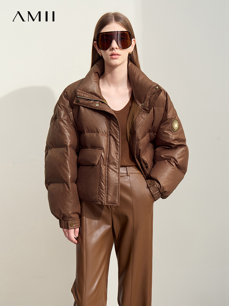 AMII Minimalistischer Damen-Daunenmantel 2024, Winter, warm, dick, Revers, Stehkragen, Kunstleder, Entendaunen, Damenjacke 12444025