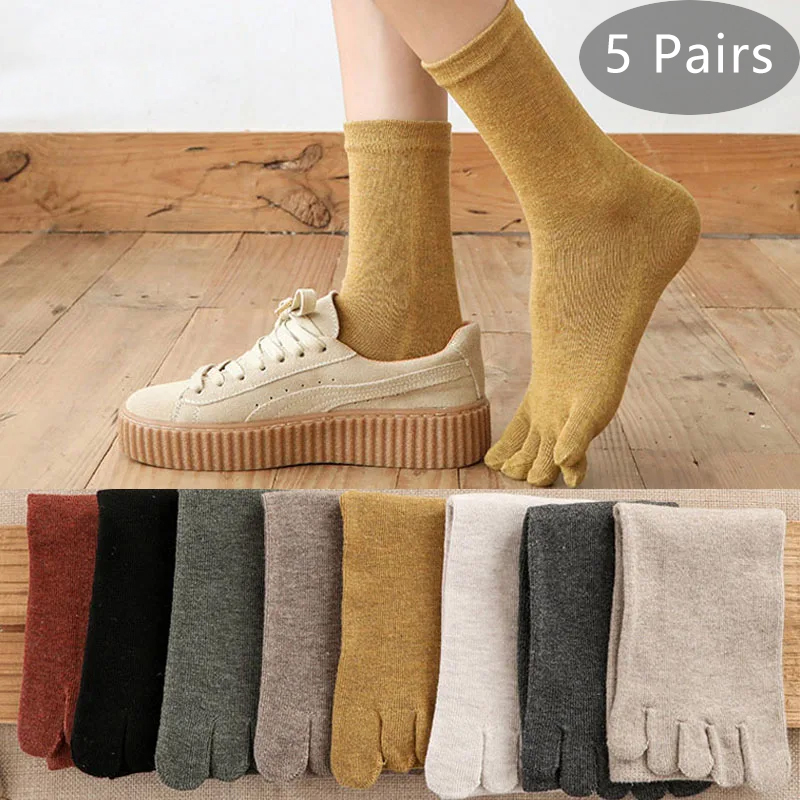 5 pares de calcetines cortos de algodón con 5 dedos para mujer y niña, calcetines sólidos que absorben el sudor, transpirables, suaves y elásticos, calcetines con punta Harajuku para las 4 estaciones
