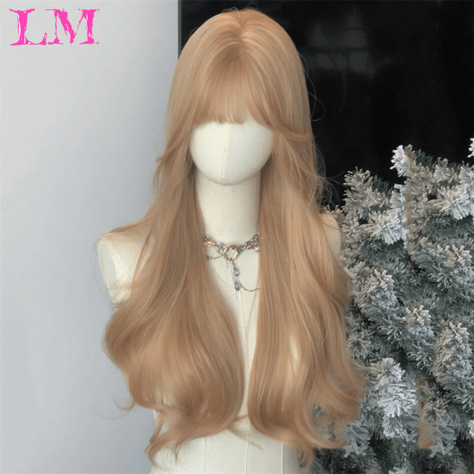LM Curly Long Wavy Black Blonde Highlights Synthetic Hybrid Wig With Fluffy Bangs Suitable For Women Daily Use