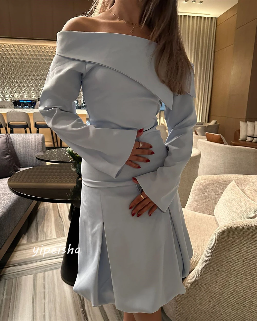 ที่กําหนดเอง JERSEY Draped Pleat PARTY A-Line Off-the-ไหล่ Bespoke โอกาสชุดเข่าความยาวชุด