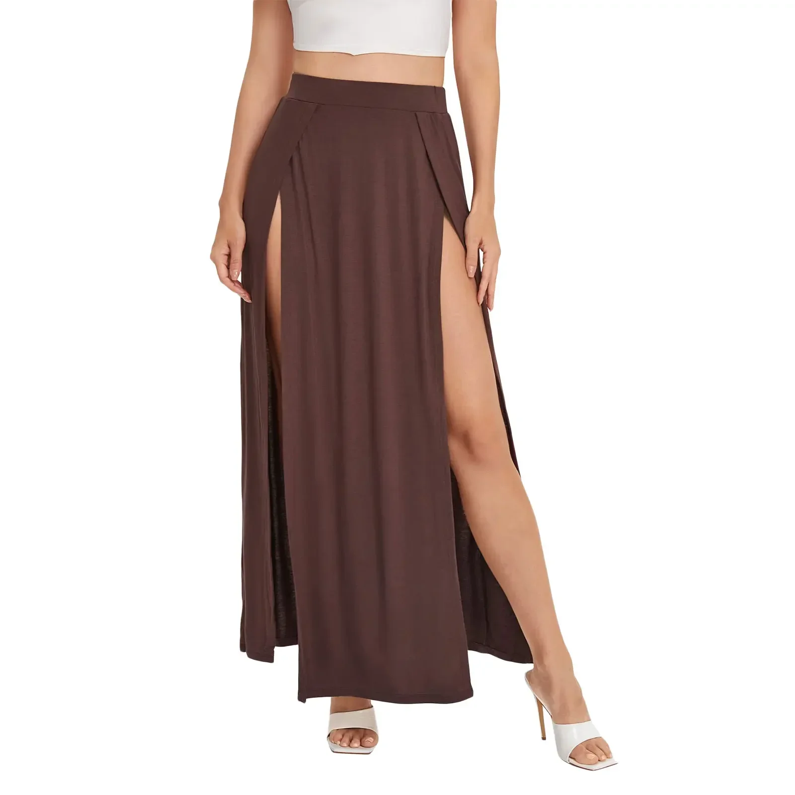 Combhasaki, ropa de playa bohemia de verano para mujer, faldas largas elásticas de cintura alta de Color sólido con abertura alta y ajuste holgado con absorción de sudor