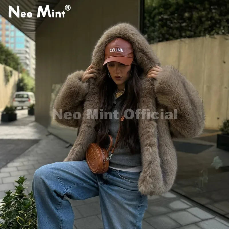 Neo mint exclusivo feminino inverno com capuz casaco de pele do falso chique rua moda meninas fofo jaqueta de pele de raposa grosso quente desgrenhado casaco