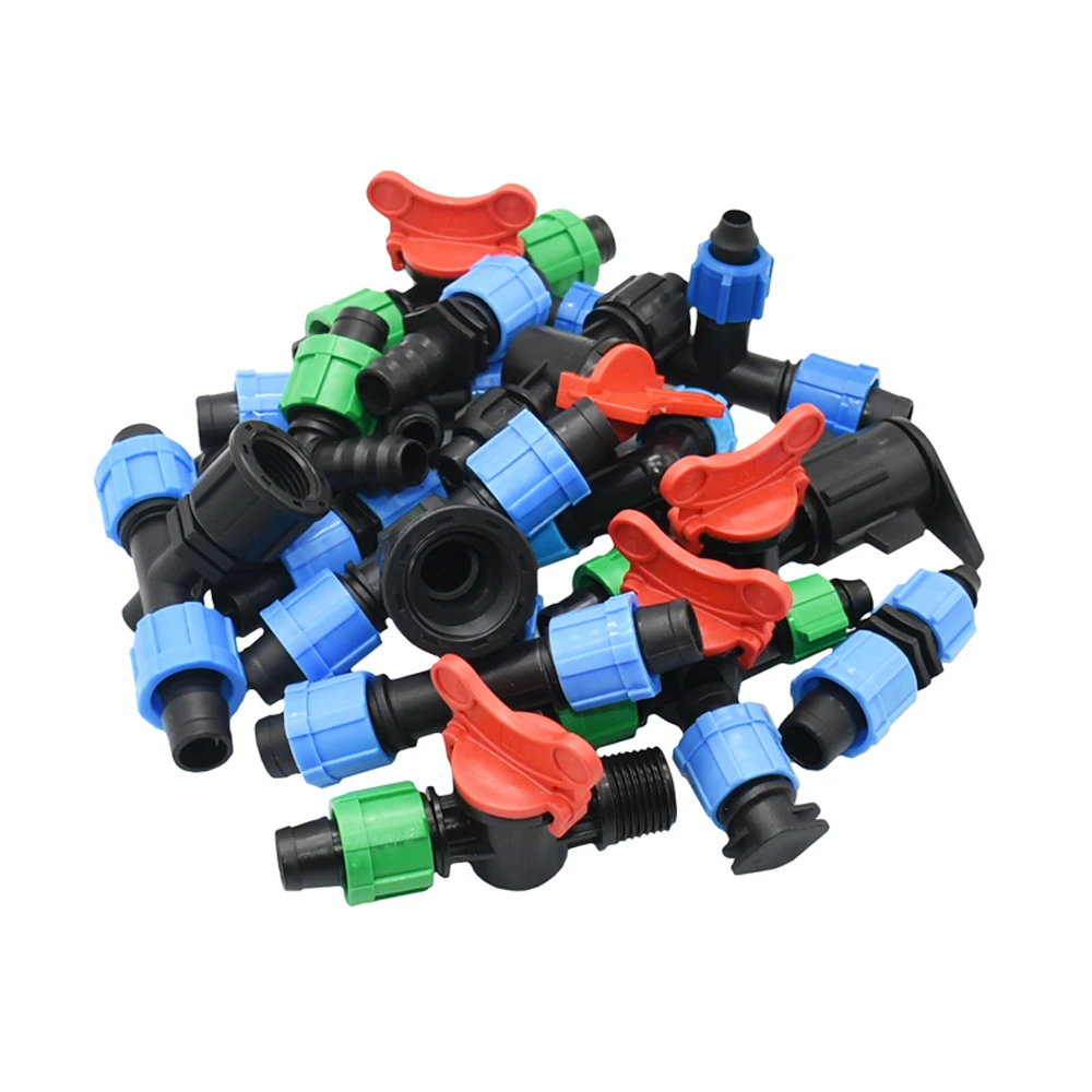 Accesorios de cinta de goteo de riego de 5/8 "y 16mm, tapón de extremo de codo en T, conectores rectos, tuerca de bloqueo, manguera, divisor de agua para invernadero de granja