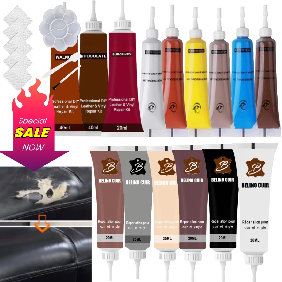 Gel de reparación de cuero para asiento de coche, crema de restauración complementaria, pintura para pasta de mantenimiento de coche, acabado de cuero, 40/20ML